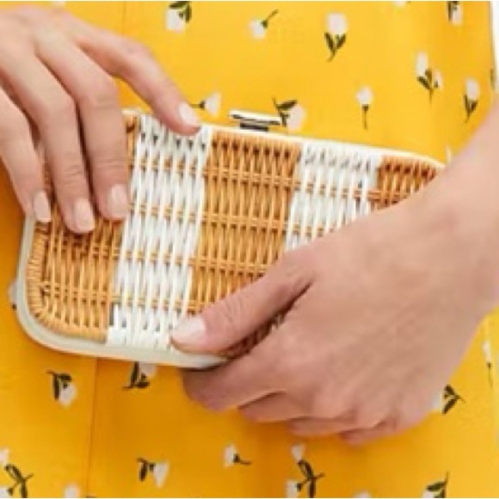 NWT Kate Spade Woven Tan and White Clutch